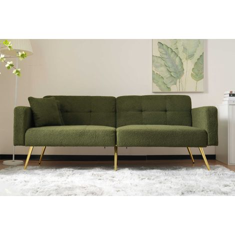 Schlafsofa 175x64 cm aus grünem Sherpa-Stoff, neigbare Rückenlehne 105°–180°, elegant und goldene Füße (1/5)