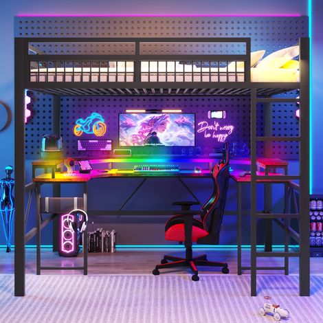 Lit mezzanine 140x200 cm, structure en acier, noir, avec éclairage LED multicolore, bureau inclus, 1 port USB-C + 1 port USB et 2 prises, panneau ajouré, sans sommier ni matelas
