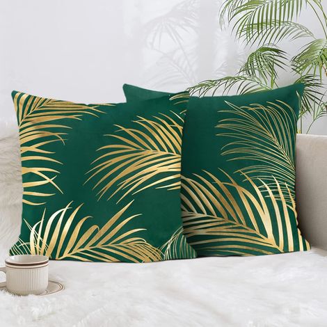 Lot de 2 Housse de Coussin Feuilles d'or 45 x 45 cm Velours Doux Vert Décoratif Imprimé Or Taie d'oreiller pour Canapé Lit Chaise Voiture Maison Décoration (1/5)