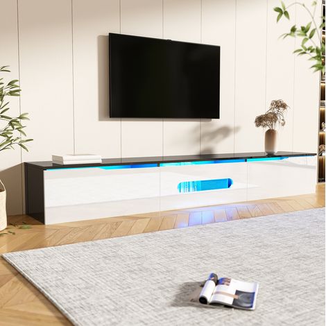 Mobile TV mural 180 cm nero lucido con illuminazione LED a 16 colori e ante ribaltabili bianche (1/5)