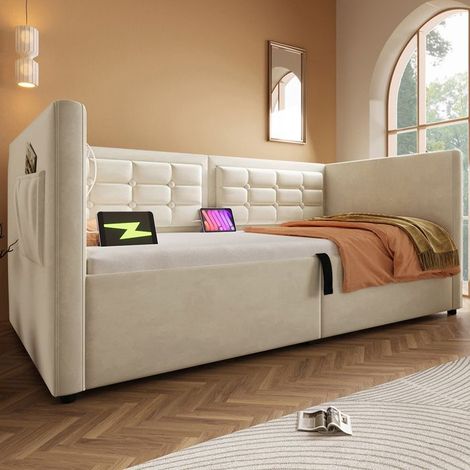 Lit rembourré hydraulique 90 x 200 cm — canapé‑lit velours beige avec rangement et station de recharge USB/Type‑C (sans matelas)