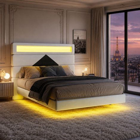 Lit 140x190 cm – tête de lit rayée velours beige – LED – ports USB – design original (1/5)