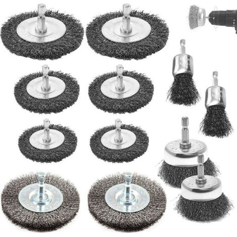 Brosse métallique pour perceuse – Lot de 12, tige hexagonale 6 mm, fil d’acier inoxydable, idéale pour meuleuse et décapage