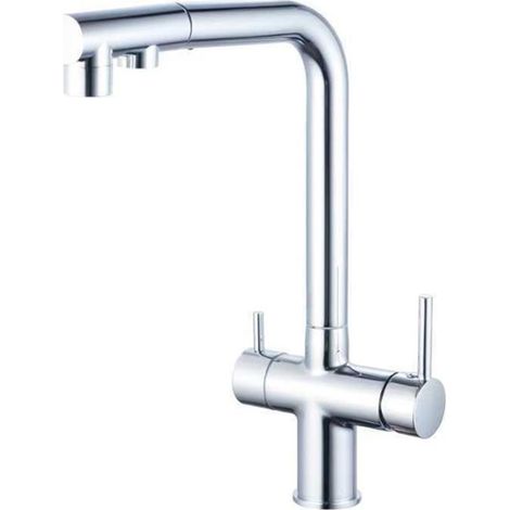 Robinet de Cuisine 3 Voies avec Douchette Extractible Robinet d'Évier de Cuisine Rotatif Eau Purifiée 2 Poignées Eau Chaude et Froide Robinet 3 Voies en Laiton-Noir (1/5)