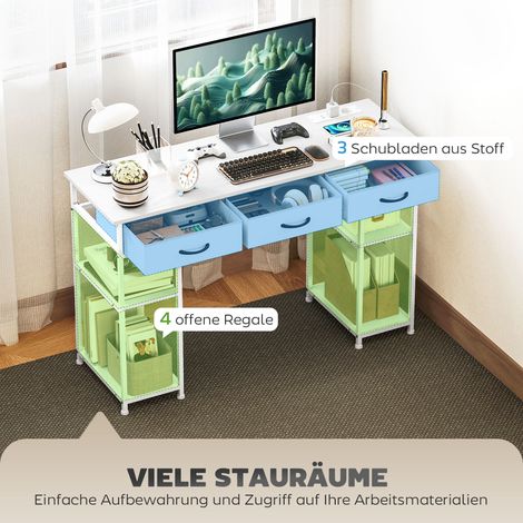 Table de travail cuisine avec 2 ports USB intégrés, 2 prises secteur, étagères ajustables, 3 tiroirs en toile, 120x40x76 cm, blanc