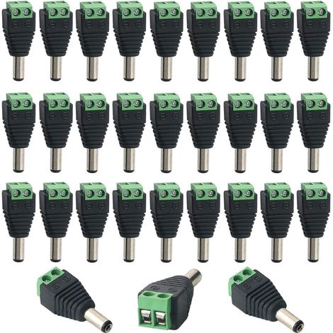 30 Pieces 12V DC Male Connector Plug Set (5.5 x 2.1mm), 2 Pin DC Power Jack Adapter Screw Terminal Connector, for CCTV Camera LED Strip (1/4)