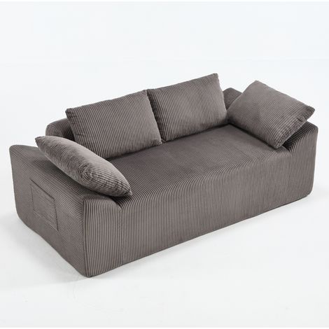 Sofá biplaza sin brazos de tela marrón gris con asiento profundo y diseño de suelo (1/5)