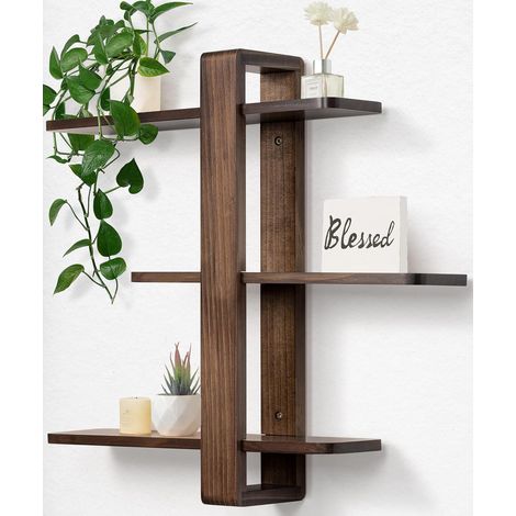 Étagère Murale Réglable Grand Format 3 Niveaux Noyer, 50 x 58 cm Étagère flottante en bois massif longue, tablettes amovibles, pour plantes et photos, salon, chambre, bureau et salle de bain (1/5)