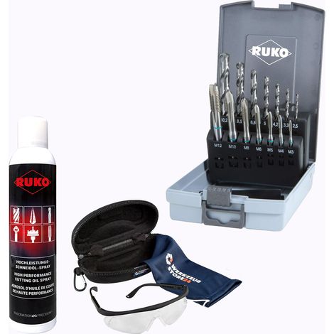 RUKO Maschinengewindebohrer-Satz HSS, 14tlg., M3–M12 Form B, inkl. Spiralbohrer Typ N, DIN 371/376/338 inkl. Spray & Schutzbrille - WZS245048RO
