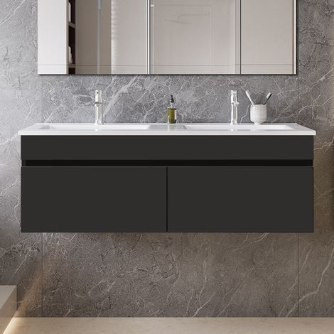 Ocean 120x45x40cm Meuble de salle de bain, meuble sous vasque, avec vasque en céramique, double porte, suspendu, anthracite (1/5)