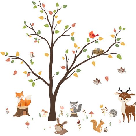 Decal Mural Animaux Forêt - 8 Feuilles Autocollants Muraux Réutilisables pour Chambre Enfant - 20 cm x 30 cm par Feuille (1/5)