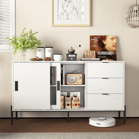 Buffet et enfilade moderne avec porte coulissante verre et 3 tiroirs - Table console multifonction pour entrée cuisine ou bureau - Design épuré couleur blanc (1/5)