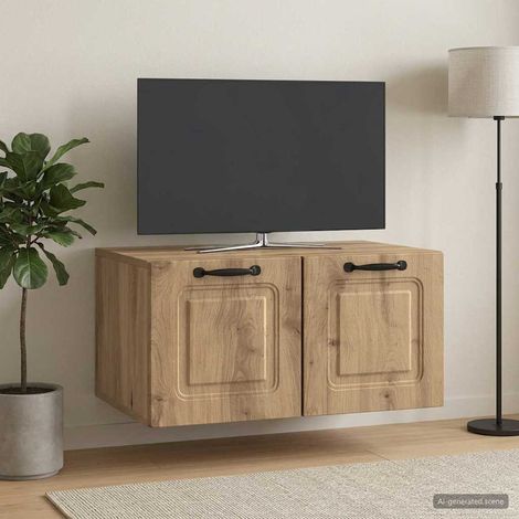 Meuble TV mural 2 portes en bois d’ingénierie chêne artisanal 59,5 x 41 x 30 cm, 12.5kg - PANGIVO (1/5)