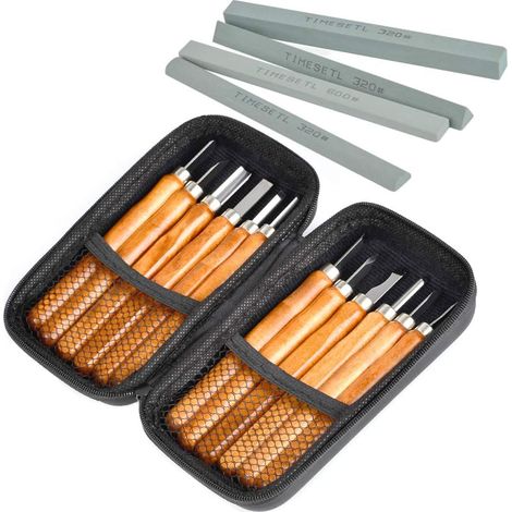 Ciseaux à Bois 12 en 1 Outils de Gravure sur Bois 12Pcs Couteau Sculpture Bois en Acier Carbone avec Manches en Bois, 4 Pierres à Aiguiser, Outils de Sculpture pour Charpentier, Amateur (1/5)