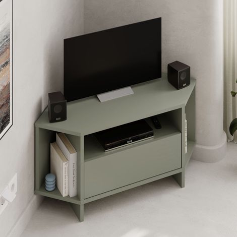 Decortie meuble TV d’angle moderne Viva jusqu’à 40 pouces armoire à ouverture par pression 3 étagères ouvertes 95,7 cm vert cendré (1/5)