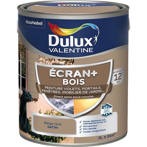 ECRAN+ BOIS - Peinture satinée pour bois extérieur - Volets, portes, fenêtres, portails - Beige Gris 2 L - Dulux Valentine