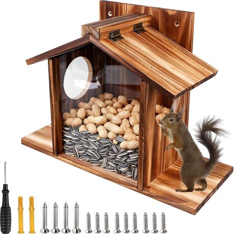 1 Mangeoire Écureuil, Bois massif, 2 zones alimentation, Plaque acrylique, Jardin, Terrasse (1/5)