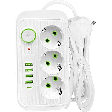 Steckdosenleiste mit USB- und PD-Schnellladefunktion, 2 Meter langes Verlängerungskabel, 3 Steckdosen, 5 USB-Anschlüsse (davon 1 Typ-C), integrierter Netzwerkfilter, Weiß (1/5)