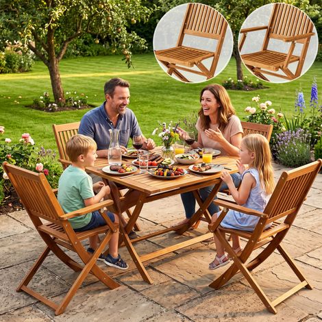 CASARIA Gartenmöbel Set Modell 2026 – NEU: Extra stabiler Tisch mit umlaufender Verstärkungsleiste 5-teilig aus FSC® Akazienholz, 4 Stühle, klappbar für Garten & Balkon ohne Armlehnen