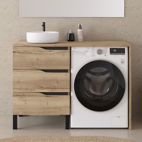 Meuble lave linge 124cm avec plateau et vasque ronde - sans miroir - 3 tiroirs - madera miel (chêne clair) - SANTA (1/5)