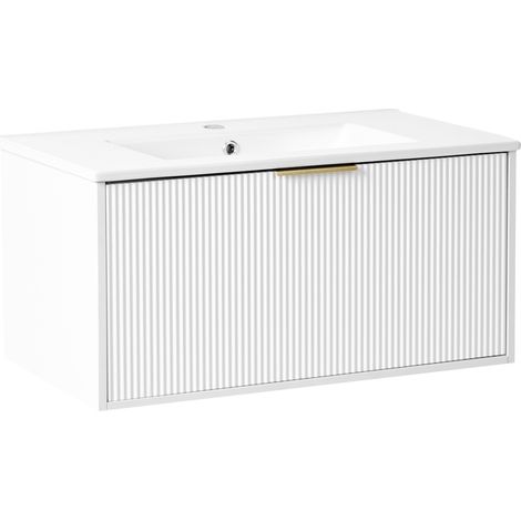 Mueble de baño suspendido con lavabo de madera sintética almacenaje 80 cm blanco con tirador dorado TILCARA