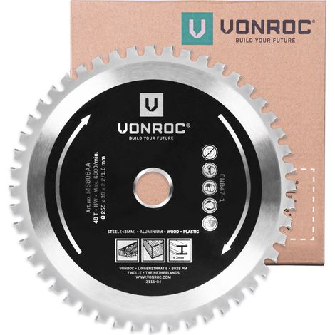 VONROC Lame de scie multi-matériaux - Ø255 x 30mm – 48 dents - Bois, aluminium, plastique et acier - Pour MS507AC