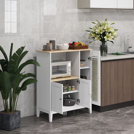 Mobile per forno a microonde da cucina con 1 nicchia, 3 ante passacavi, 80 x 35 x 97 cm, bianco ed effetto legno