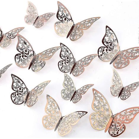 24 stickers muraux papillons 3D en 3 tailles, décoration murale papillons pour chambres, fêtes, mariages (or rose) (1/5)