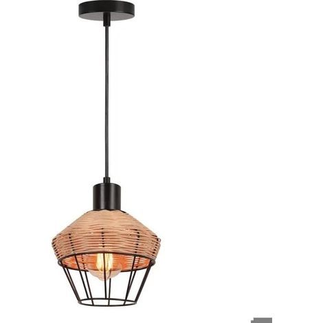 Lampe Suspension - - Vintage - Bambou et Métal - E27 - Max 60W - Noir (1/5)