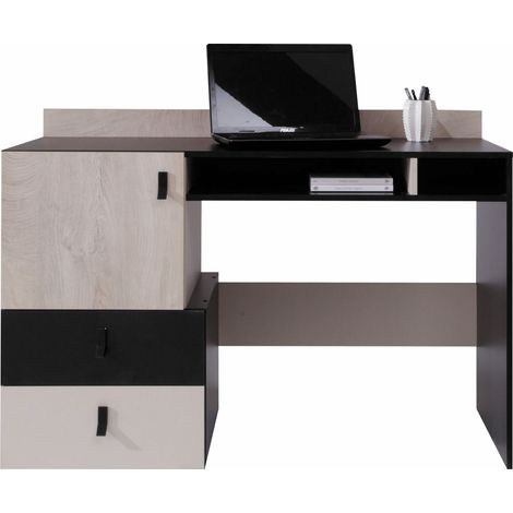 Mesa de oficina Camteso 107, Negro + Roble + Beige, Con un estante para teclado, Con puertas, Con cajones, Número de puertas: 1, Número de cajones: 2, 78x125x55cm