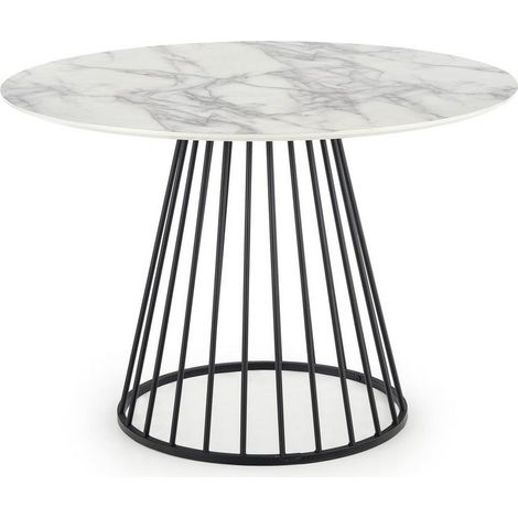 Table ronde avec plateau aspect marbre blanc et pied central design en métal noir DAGAN (1/5)