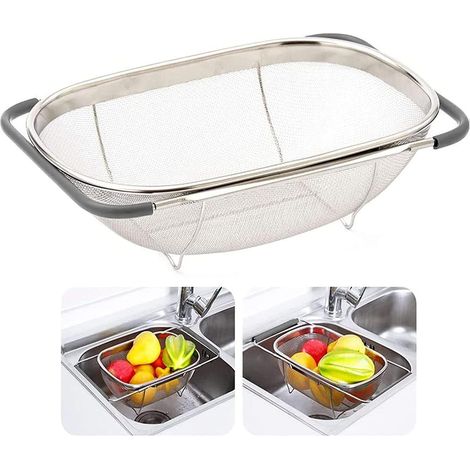 Passoire d évier panier égouttoir ovale extensible en acier inoxydable à mailles fines avec poignée caoutchouc pour (1/5)