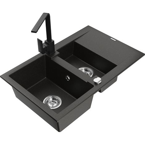 Mexen Gaspar 1,5-Becken-Granitspüle mit Abtropffläche und Mischbatterie Rita, Schwarz/Gold - 6507-75