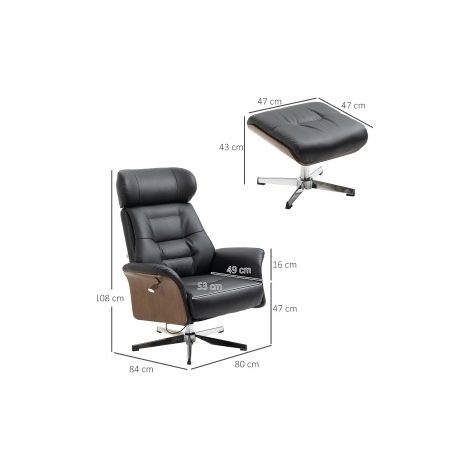 Fauteuil relax pivotant en simili cuir noir avec repose-pieds et fonction inclinable, charge max 150 kg (1/5)
