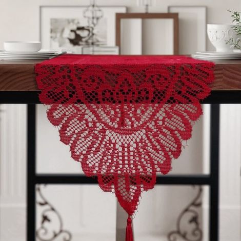 Camino de mesa, 33 x 137 cm camino de mesa rojo bordado con borlas de encaje, ideal para la decoración de mesas. (1/5)
