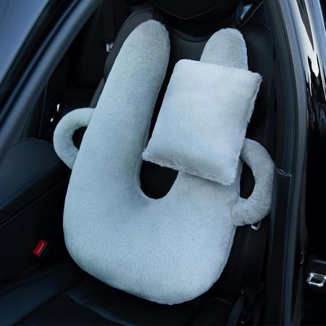 Almohada de felpa en forma de U para coche, cómoda para la cabeza y el cuerpo de adultos y niños, ideal para viajes, color gris.