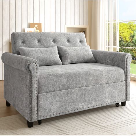 Canapé convertible 2 places en tissu gris, dossier 3 positions 110°/145°/180°, couchage 170 x 98 cm, 2 coussins inclus pour petits espaces CHICFURN (1/5)