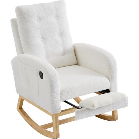 Fauteuil à bascule blanc en bois massif avec repose-pieds réglable et ports USB, 66,5 x 121,5 x 102 cm (1/5)