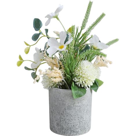 Bouquet de fleurs artificielles, fleurs en plastique longue durée, pot cylindrique décoratif en pulpe + boule d'oignon blanc crème (1/2)