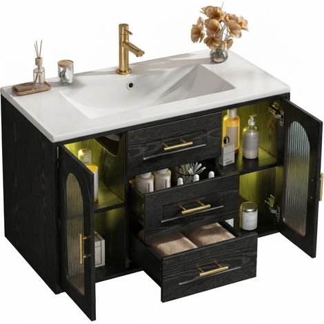 ELVMI Meuble sous Vasque Mural 2 Tiroirs, 2 Portes, Étagères Réglables, LED, Salle de Bain, MDF Noir, 76 x 46 x 55 cm (1/5)