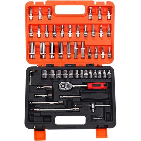 Juego de 53 herramientas manuales, caja de almacenamiento de plástico para reparaciones de automóviles y del hogar.