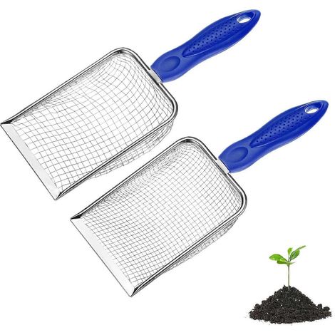 Tamis à terre jardin METERXITY lot de 2, maille 5/28 mm acier inoxydable, poignée antidérapante, pour sable, terre, cailloux, compost, blanc/bleu (1/5)