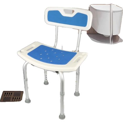Taburete de ducha, altura regulable, superficie antideslizante, azul y blanco. (1/2)