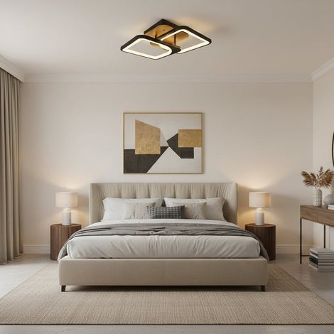 Lustre LED avec Telecommande 27W 2 Carres Lumiere Gradable Noir (1/5)