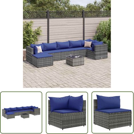 The Living Store 8-tlg. Garten-Lounge-Set mit Kissen Grau Poly Rattan - Gartenlounge Set - Lounge Möbel - Outdoor Möbel - Rattan Möbel - PE-Rattan (1/5)