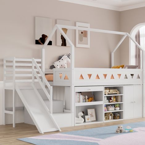 Kinderbett Multifunktionsbett aus Massivholz Weiß 90x200 cm mit Rutsche, Treppe, Schubladen, Stauraum und Lattenrost