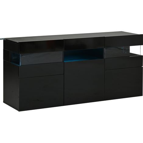 Buffet de salon noir brillant 3 portes, bahut 140 cm avec éclairage LED, rangement 7 compartiments et portes en acrylique transparent (1/5)
