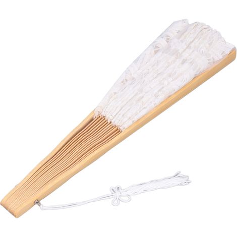 Éventail pliant en dentelle ajourée avec structure en bambou vintage et pompon, idéal pour spectacle, décoration vestimentaire ou cadeau - Blanc (1/5)