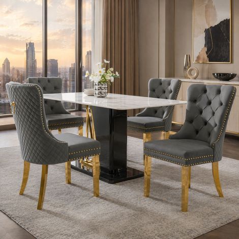 MEUBLIV Chaise de salle à manger grise et or – velours, lot de 4 (1/5)
