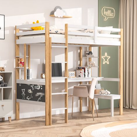 Lit Mezzanine Enfant 90x200 avec Bureau, Compartiment de Rangement, Tableau Noir, lit Enfant, Cadre de lit Mezzanine 1 Place avec sommier à Lattes, Blanc (1/3)